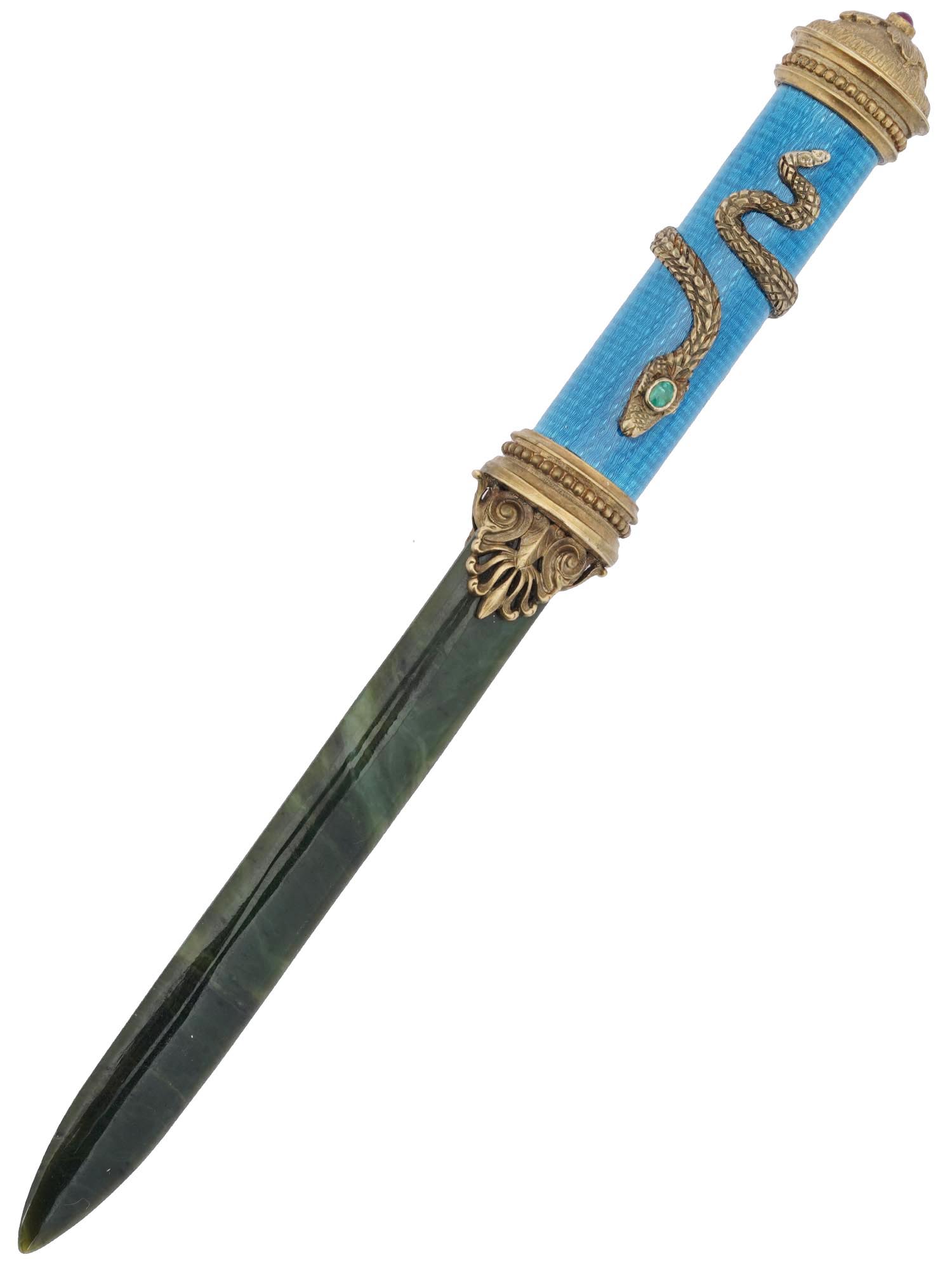 RUSSIAN 88 SILVER JADE ENAMEL RUBY LETTER OPENER PIC-0